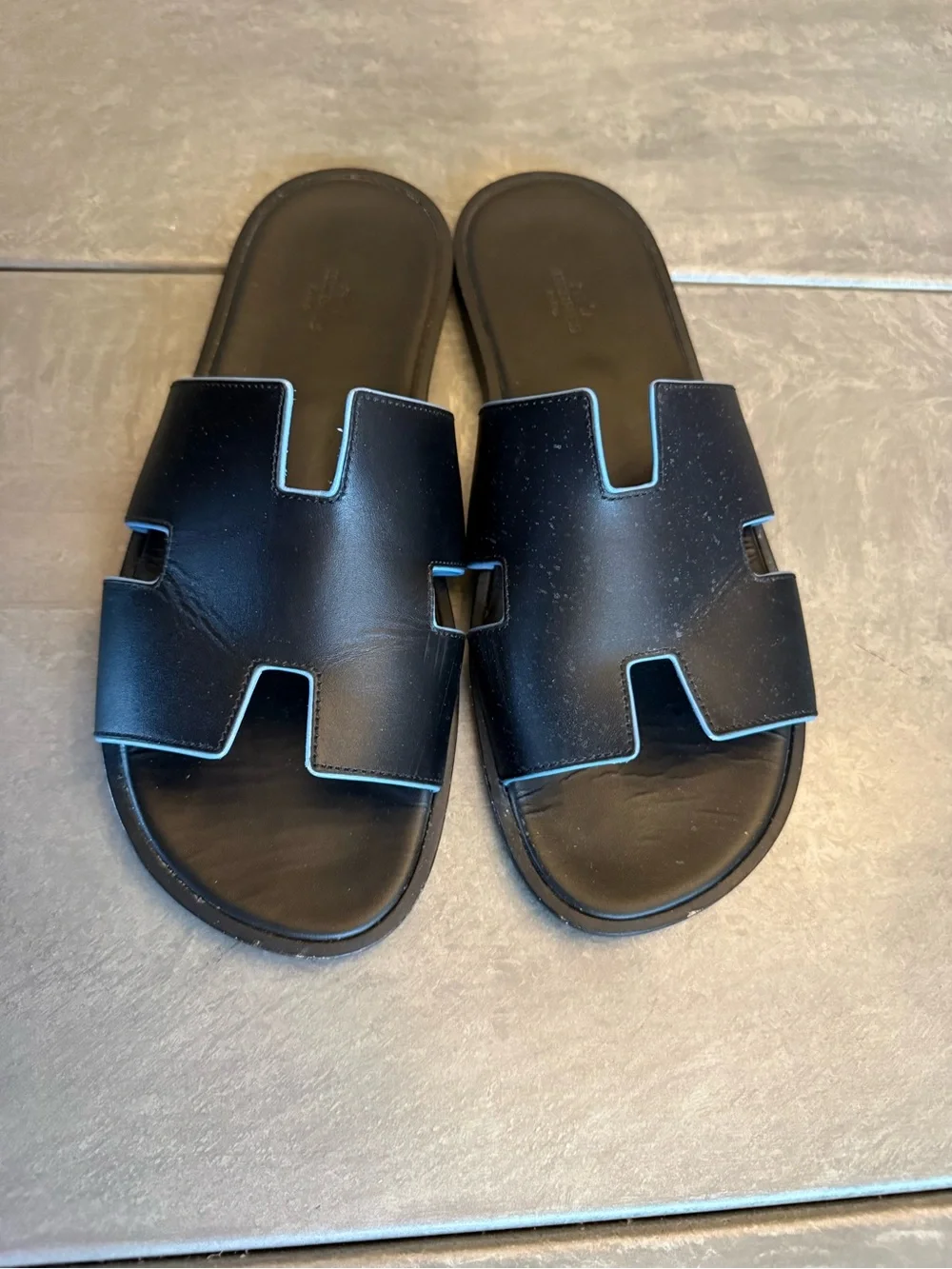Hermes Men's Black Leather H-Strap Slide Sandals with Blue Edge